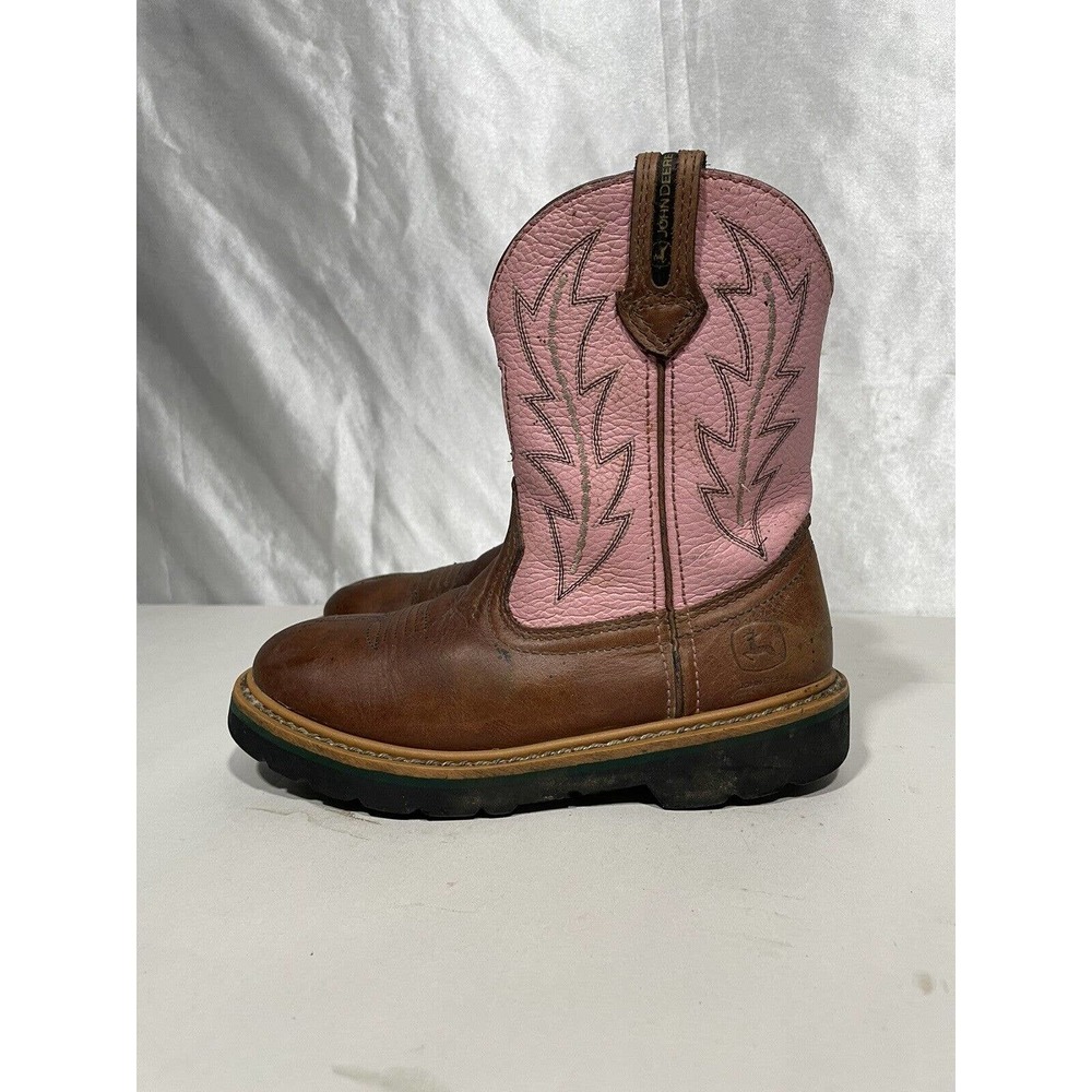 John Deere Brown & Pink Leather Western Cowgirl Boots Youths Size 1 M